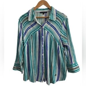 Adrienne Vitadini teal, blue & white striped 3/4 sleeve button up blouse